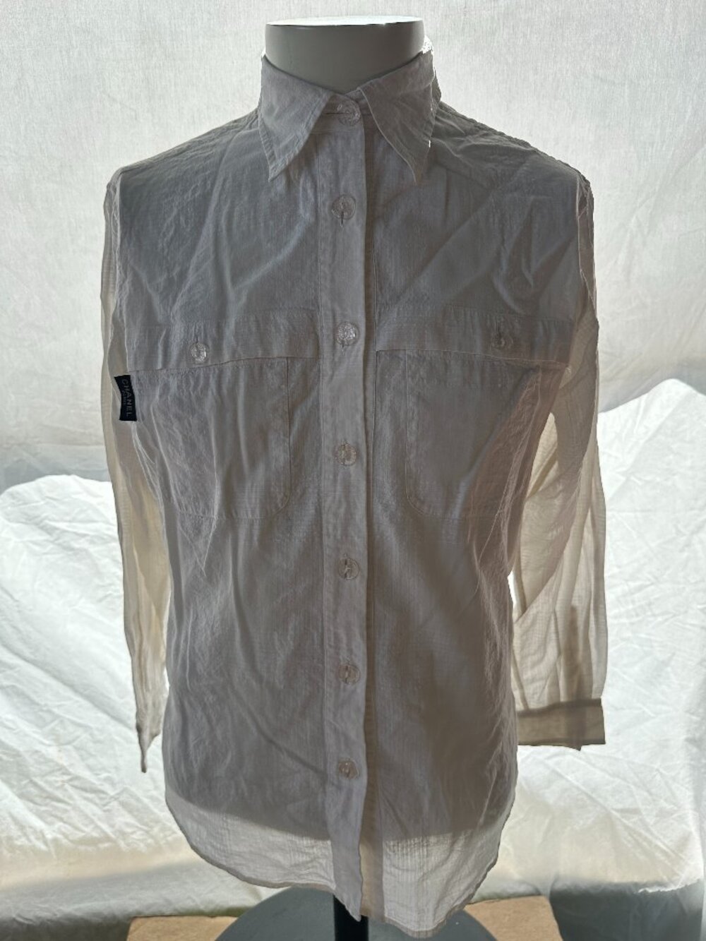 Chanel Women's White Button Down Cotton Linen Shirt Blouse Pockets Long Sleeves